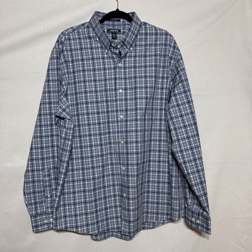 Lands End No Iron Twill Blue Gingham Long Sleeve Button Trad Fit - XL (17-17.5)